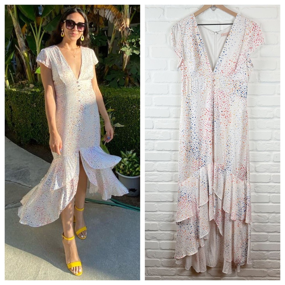 Hutch Multi Color Heart Maxi Dress White Satin Hi Low short sleeves V-neck 10